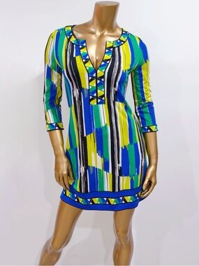 BCBGMAXAZRIA Multicolor Geometric Print 3/4 Sleeve Shift Dress Size XS